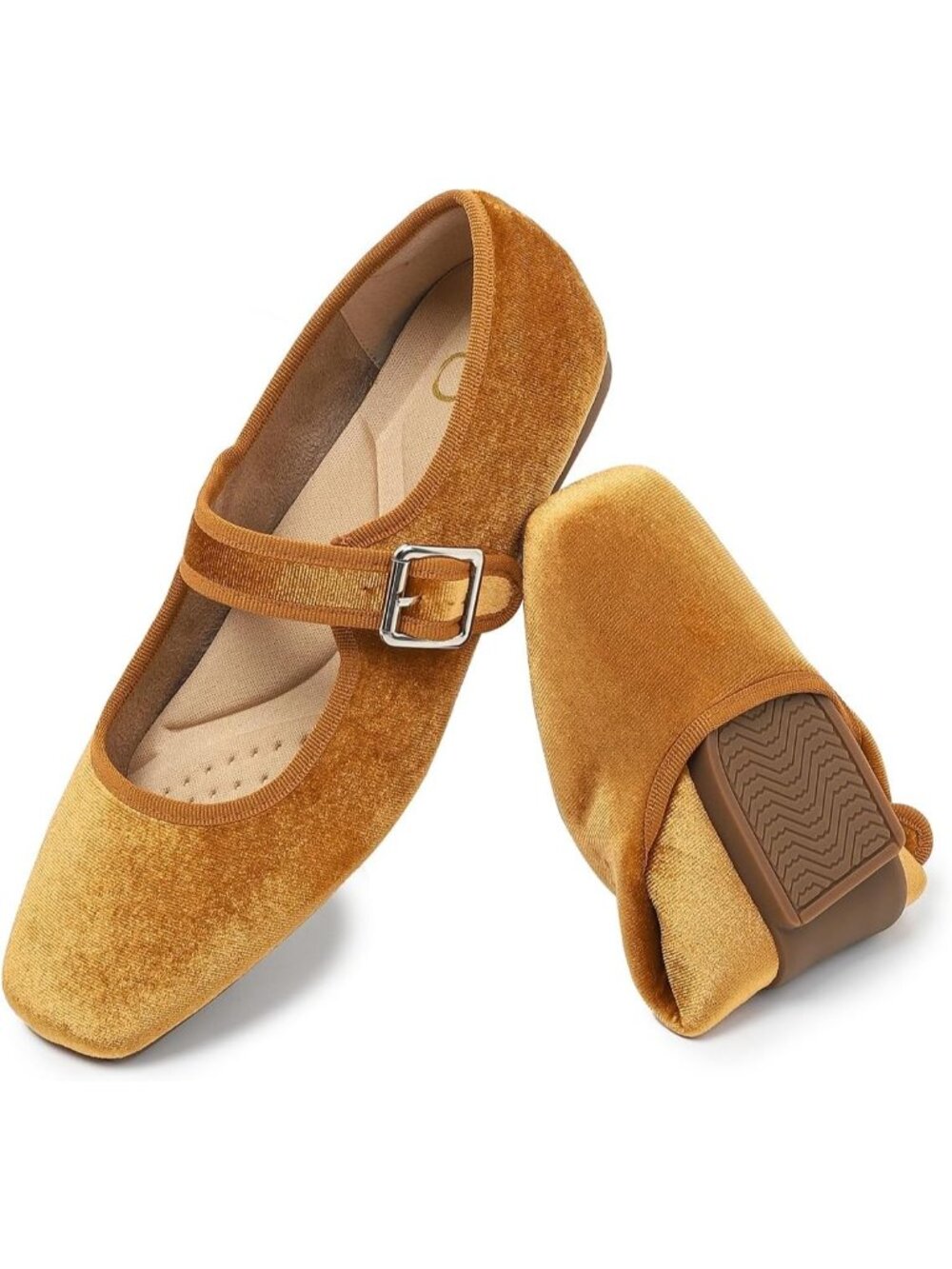 Women's Orange Brown Square Toe Ballet Flats Mary Jane Adjustable Strap Shoes - Picture 6 of 6